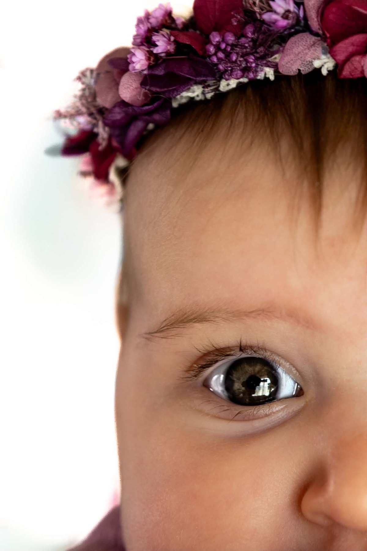 Newborn photography, close-up detail with floral crown, Sydney
